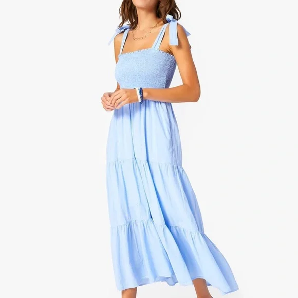Xirena Loraine Smocked Tiered Cotton Midi Dress Blue Cottage Prairie Summer - Picture 1 of 8